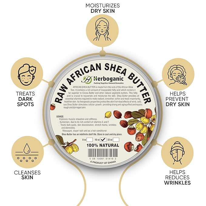 HERBOGANIC Pure African Shea Butter Raw Organic, White Ivory 100% Natural Unrefined | For Body & Hair Scalp Non GMO - 16 oz