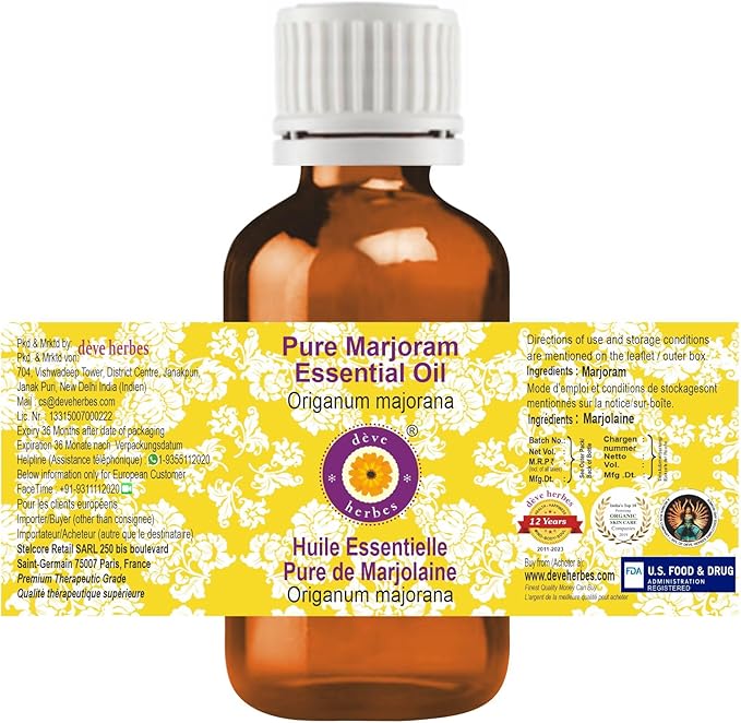 dève herbes Marjoram Essential Oil (Origanum majorana) Pure | Non-Sticky | Non-Greasy | Lightweight | Men & Women | All Skin Types | Steam Distilled 30ml (1 oz)