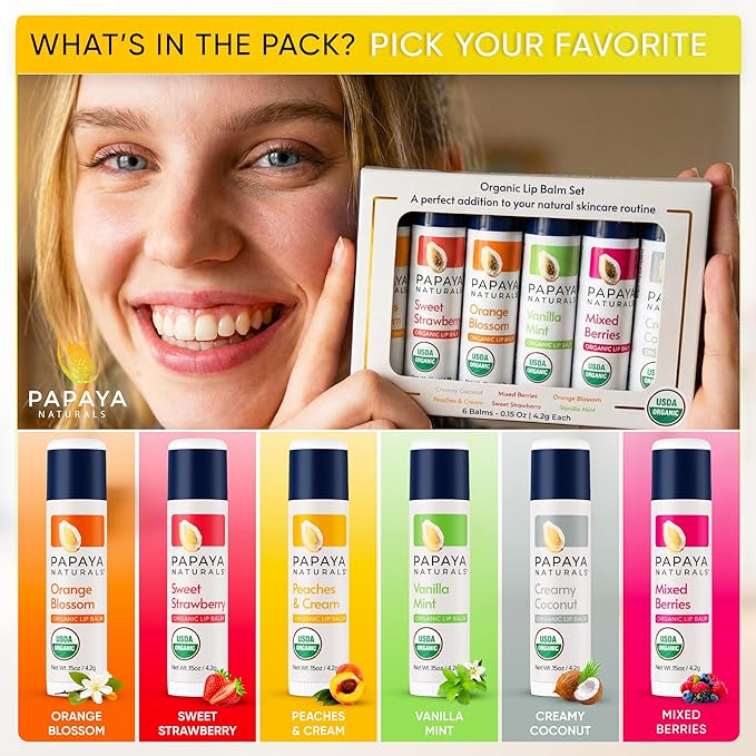 Papaya Naturals USDA Organic Lip Balm Set, 6 Pack – Organic Beeswax, Cocoa Butter & Vitamin E Lip Balm for Dry Lips – Moisturizing Natural Lip Care with Assorted Fruit Flavors