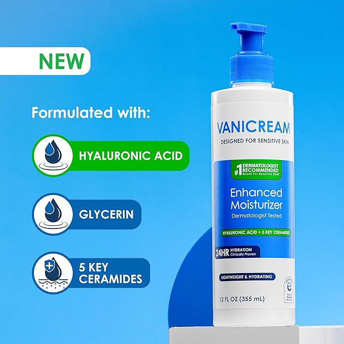 Vanicream Enhanced Moisturizer, 12 fl oz, Formulated without Common Irritants, Body Moisturizer, All-Day Hydration with Hyaluronic Acid, Glycerin & Ceramides for Sensitive Skin