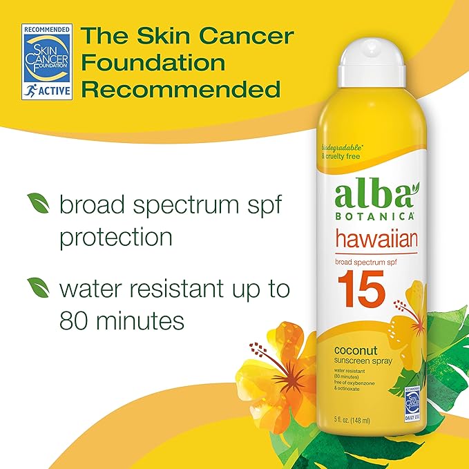 Alba Botanica Sunscreen Spray for Face and Body, Broad Spectrum SPF 15 Sunscreen, Hawaiian Coconut, Water Resistant and Biodegradable, 5 fl. oz. Bottle
