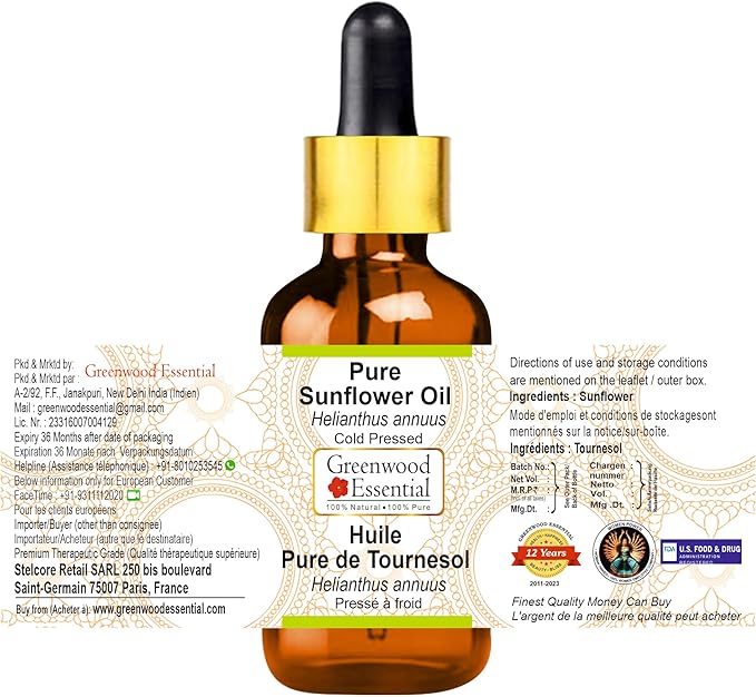Greenwood Essential Sunflower Oil (Helianthus annuus) with Glass Dropper | Cold Pressed | Natural | Undiluted | For Diluting Essential Oils | For Skin & Massage | Men & Women | 15ml (0.50 oz)