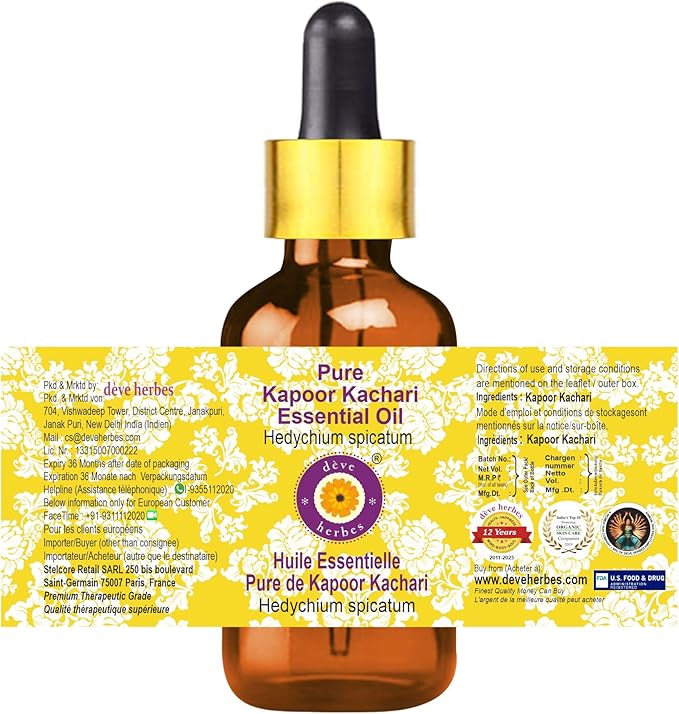 Deve Herbes Pure Kapoor Kachari Essential Oil (Hedychium spicatum) with Glass Dropper Steam Distilled 5ml (0.16 oz)