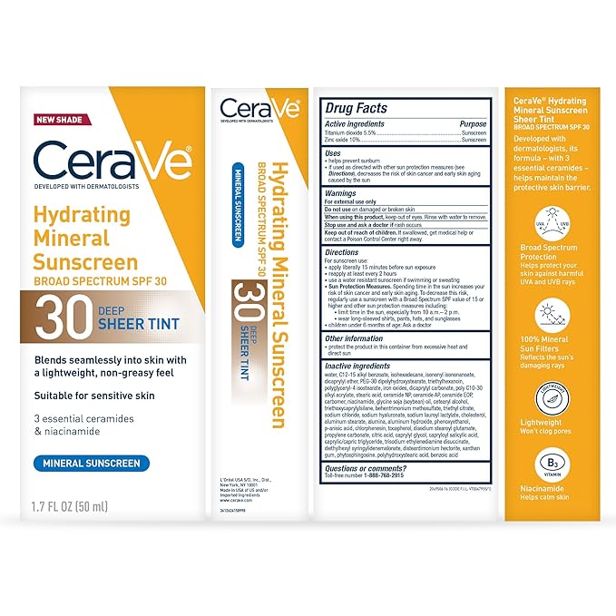CeraVe Hydrating Mineral Sunscreen SPF 30 with Sheer Tint, Tinted Mineral Sunscreen with Zinc Oxide & Titanium Dioxide, Blends Seamlessly For Healthy Glow, Deep, 1.7 Oz