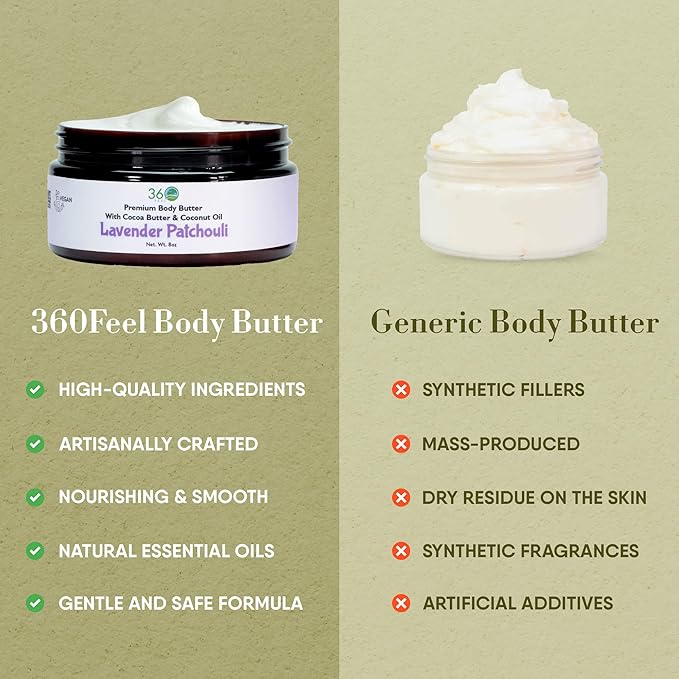 360Feel Lavender Patchouli Body Butter - Nourishing and Hydrating Shea Body Butter with a Gentle Formula - Handmade with Essential Oils - Creamy Formula for Daily Use - Zero Harsh Additives - 8 Ounce