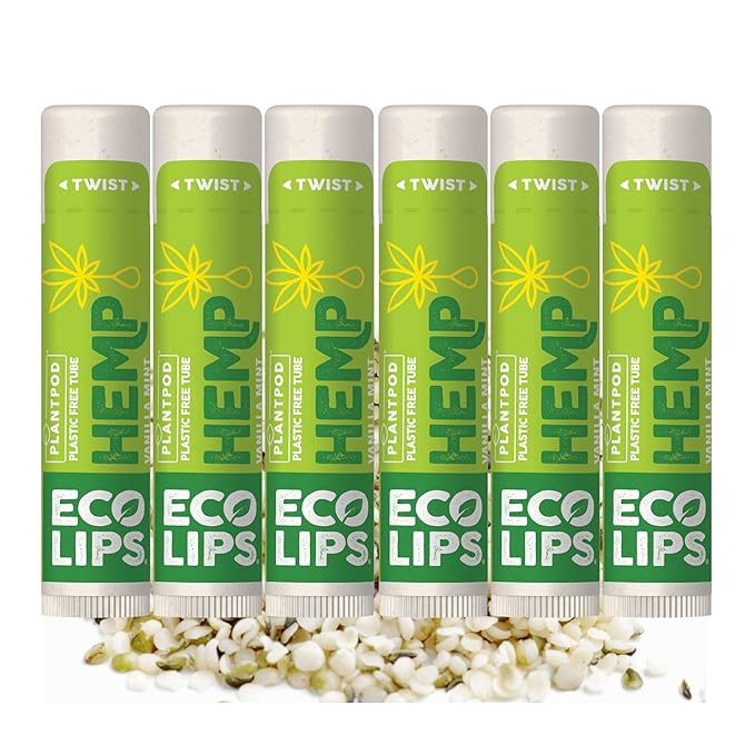 Eco Lips Organic Hemp Lip Balm with Beeswax, Coconut Oil, Vitamin E. Best Lip Balm to Soothe & Moisturize Dry, Chapped Lips (Vanilla Mint, 6-Pack) | Made in the USA