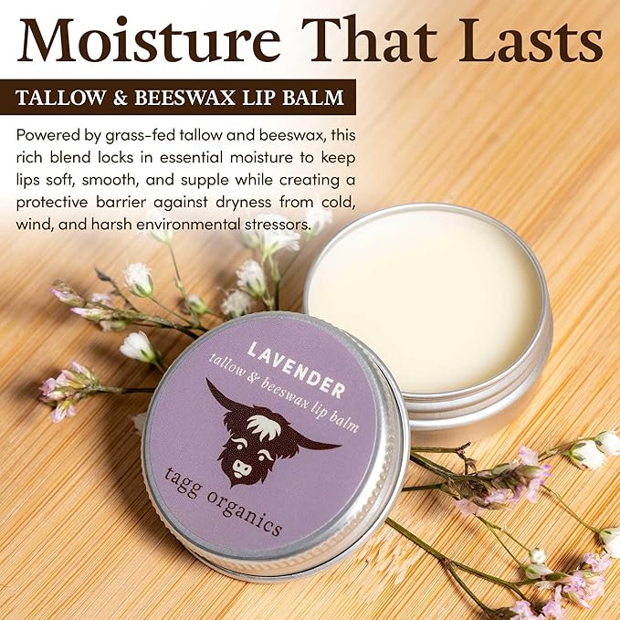 Lavender Moisturizing Tallow Lip Balm – Nourishing & Soothing with Organic Grass-Fed & Finished Tallow, 100% All Natural Beeswax & Essential Oils for Soft, Hydrated Lips, 0.5 oz., by Tagg Organics.