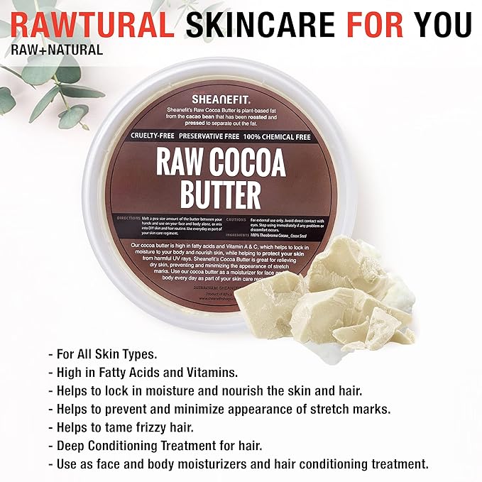 Sheanefit Raw Natural Chunk Cocoa Butter - Raw Moisturizing Body Butter, Great for Making DIY Body Cream, Soaps (8 Ounces)
