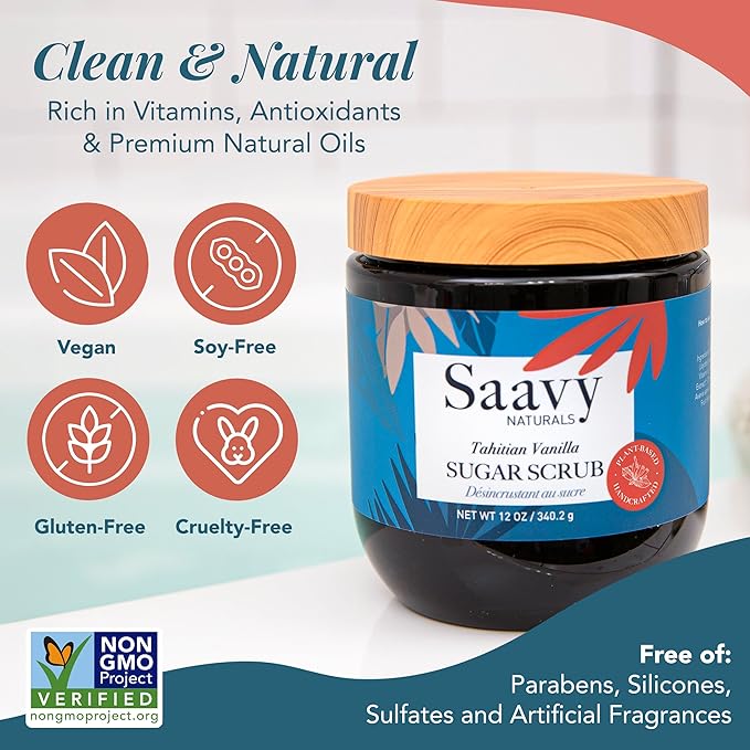 Saavy Naturals Body Scrub - Scented Sugar Vanilla Extract, Natural Body Scrub & Vegan Exfoliating with Vitamin E, Gentle for Sensitive Skin – Made in USA – Tahitian Vanilla (1 Pack) - 12 oz