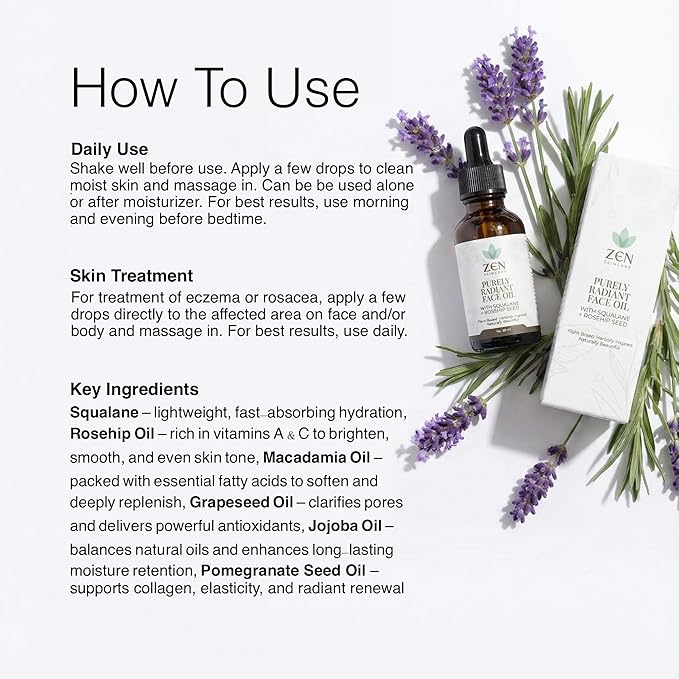 ZEN Purely Radiant Face Oil for Glowing Skin - Squalane, Rosehip & Macadamia Nut Oil - Anti Aging Brightening Serum for Skin Care, Vit C & E Serum for Face, Reduce Wrinkles & Dark Spots