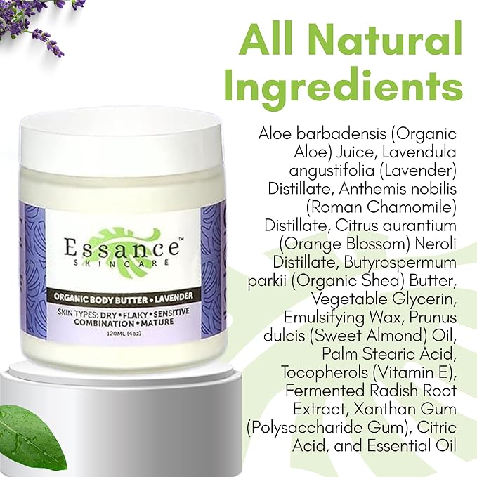 Essance Natural Lavender Body Butter 120mL | Shea Butter Raw Organic Cream for All Skins | Soft Body Cream for Hands, Feet, All Areas | Daily Body Cream for Women, Men