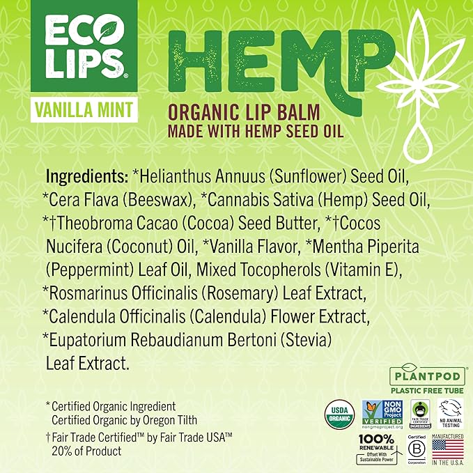 Eco Lips Organic Hemp Lip Balm with Beeswax, Coconut Oil, Vitamin E. Best Lip Balm to Soothe & Moisturize Dry, Chapped Lips (Vanilla Mint, 6-Pack) | Made in the USA
