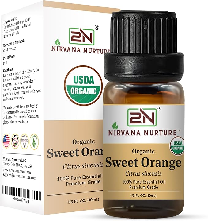 Sweet Orange Essential Oil, USDA Certified Organic, 100% Pure Undiluted, Aromatherapy Oil for Diffuser, Hair & Skin Care