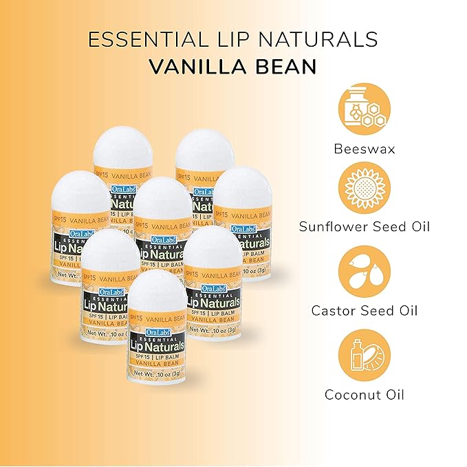 Lip Naturals® Mini Vanilla Lip Balm with Sunscreen (SPF-15) | Made in USA with Beeswax & Coconut Oil | 12-Count Pack with Vanilla Bean Flavor (0.10oz/3g Each)