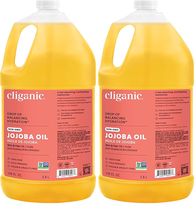 Cliganic Jojoba Oil Non-GMO, Bulk Gallon 128oz | 100% Pure for Skin, Hair & Face, Cold Pressed Natural Hexane Free - Hair Relaxer (Pack of 2)