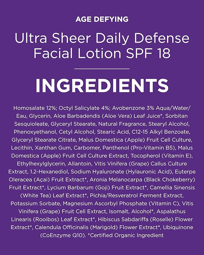 Andalou Naturals Age Defying Ultra Sheer Daily Defense Facial Lotion SPF 18 - Lightweight Sunscreen Moisturizer for Face - With Resveratrol CoQ10 - For All Skin Types - 2.7 oz,(Pack of 2)