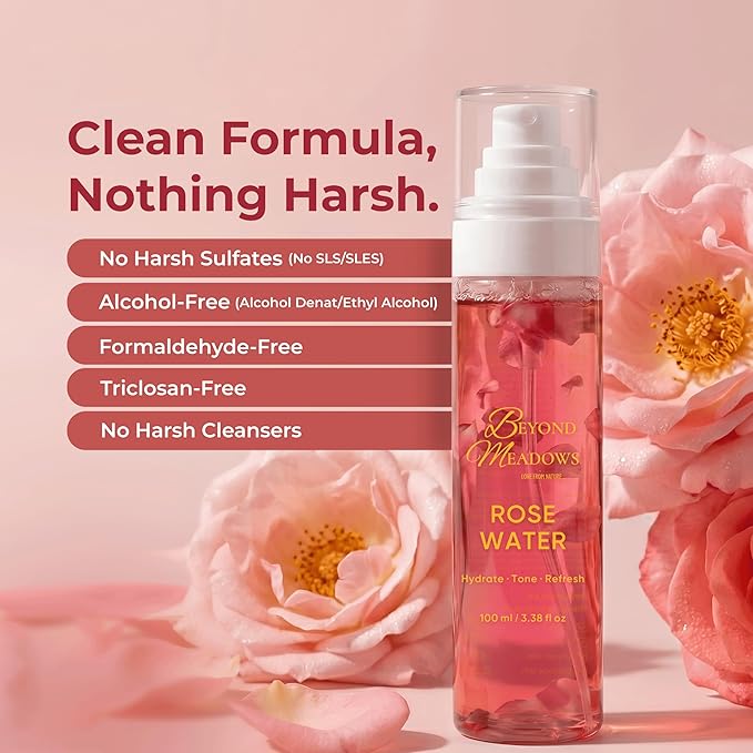 Rose Water Spray for Face & Hair - Made with Rose Hydrosol & Glycerin, Hydrating & Refreshing Facial Mist to Set Makeup, Support Double Cleansing & Help Balance Skin’s pH (3.38 fl oz)