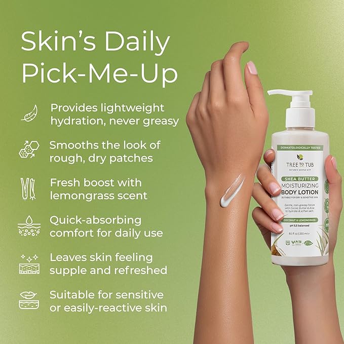 Tree To Tub Cocoa Butter Lotion for Sensitive Skin - Moisturizing Shea Butter Lotion for Extremely Dry Skin for Women & Men - Lemongrass & Coconut Body Cream w/Organic Aloe Vera, Colloidal Oatmeal