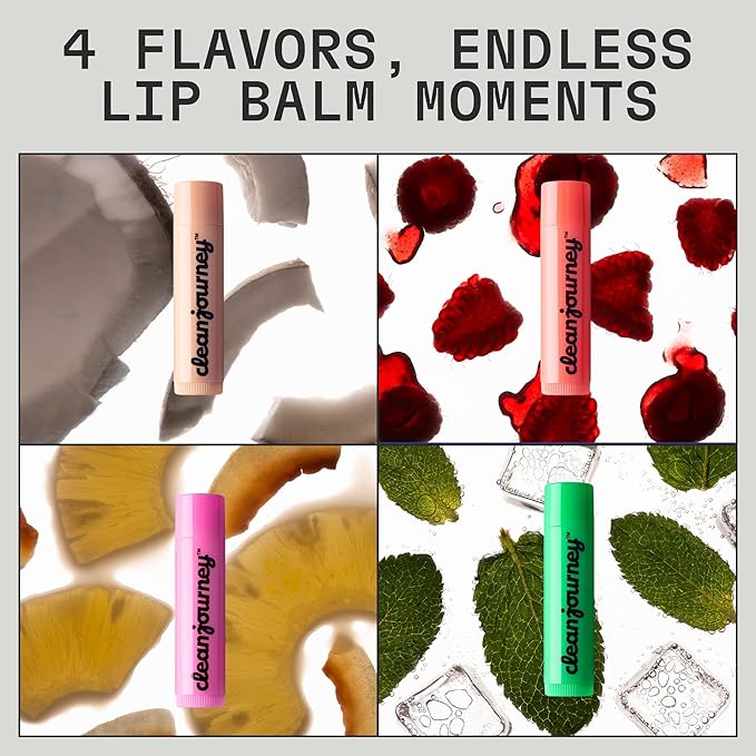 cleanjourney Lip Balm Set, 99% Natural Origin, Nourishes & Protects, Castor Oil, Coconut Oil & Shea Butter, EWG Verified, Vegan, For Dry Lips, Mint, Raspberry, Exotic & Coconut, 0.14 Oz (Pack of 4)