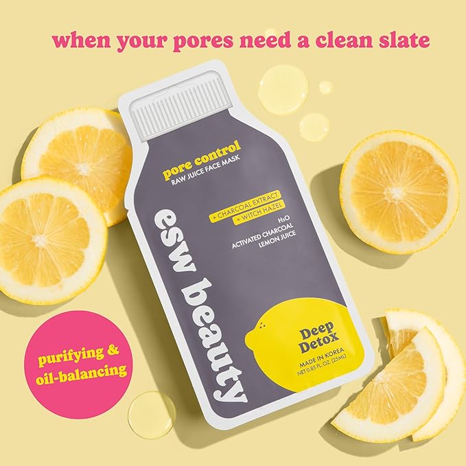 ESW Beauty Deep Detox - Raw Juice Pore Mask - Acne Face Mask with Activated Charcoal, Lemon Juice & H2O for Acne-Prone Skin - Detoxifies & Minimizes Pores