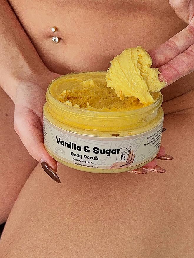 Jersey Botanical Baby Powder Shea Sugar Body Scrub – Exfoliating, Hydrating & Moisturizing Skin Care with Shea Butter, Smooth & Soften Skin, 8 oz (Honey & Oatmel)