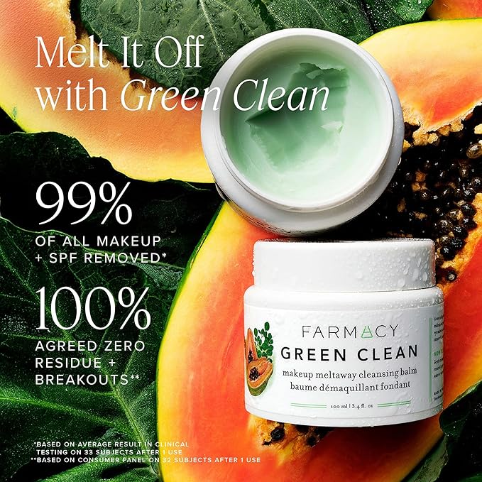Farmacy Makeup Remover Cleansing Balm - Green Clean Waterproof Makeup Remover Balm + Oil Cleanser for Face - Gently Melts Make Up + SPF - Hydrates + Softens Skin with Super Greens + Papaya (200ml)