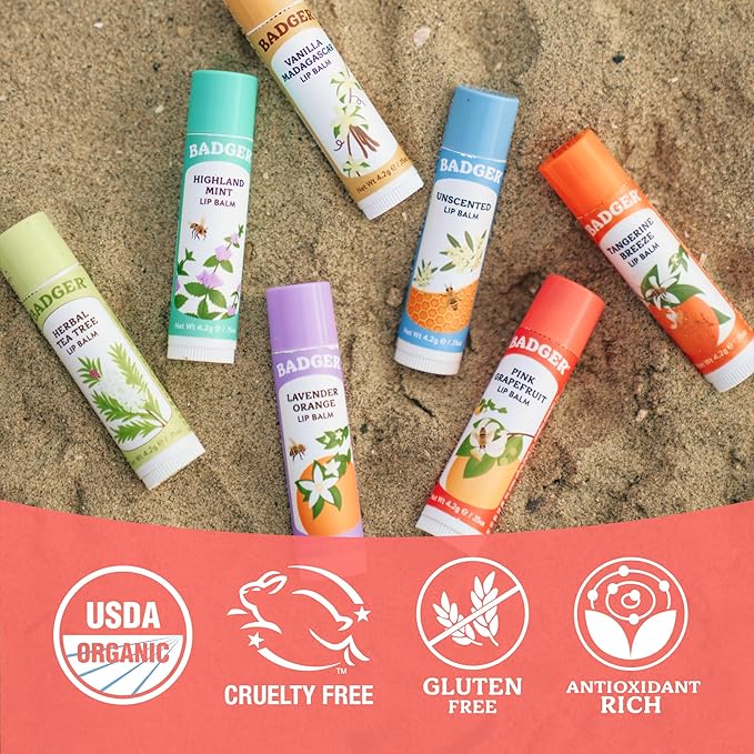 Badger Pink Grapefruit Classic Lip Balm, 100% Organic Lip Balm, Long Lasting Lip Care w/Light Silky Texture, Refreshing & Uplifting, 4 Pack