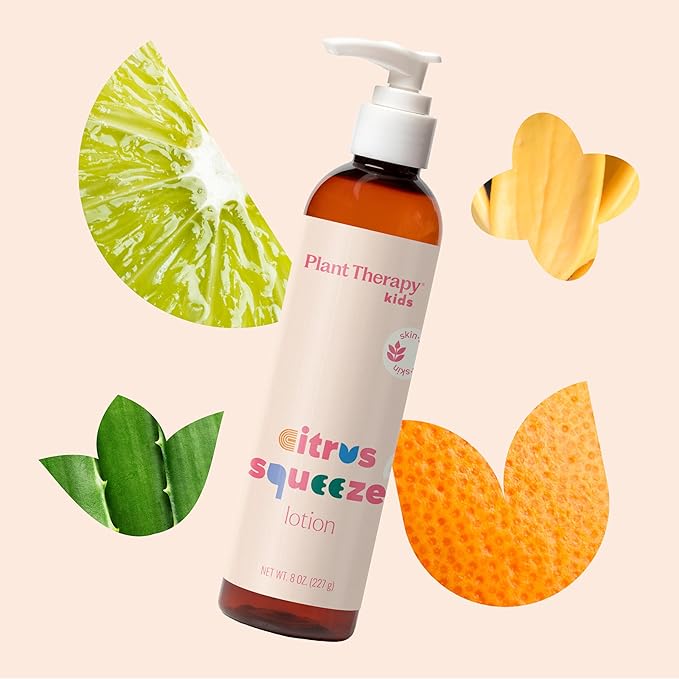 Plant Therapy Kids Citrus Squeeze Lotion 8 oz, Natural Kids Body Lotion with Citrus Essential Oils, Lightweight Daily Moisturizer for Soft, Hydrated Skin