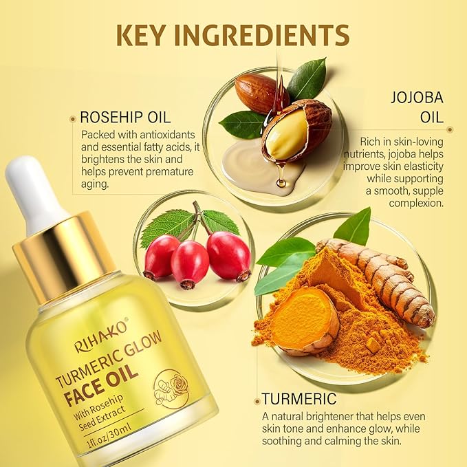 RIHAKO Easter Gifts for Women Turmeric Rosehip Face Oil for Gua Sha – Facial Lymphatic Drainage Oil for Gua Sha Tools, Hydrating Anti-Aging Oil Reduces Fine Lines & Wrinkles, Boosts Radiance