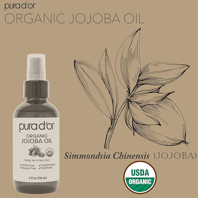PURA D'OR 4 Oz Organic Jojoba Oil - USDA Certified - 100% Pure & Natural Moisturizer - Cold Pressed, Unrefined, Hexane Free Base Carrier Oil For DIY Skin Care, Hair, Body, Hair Relaxer, Face & Nails