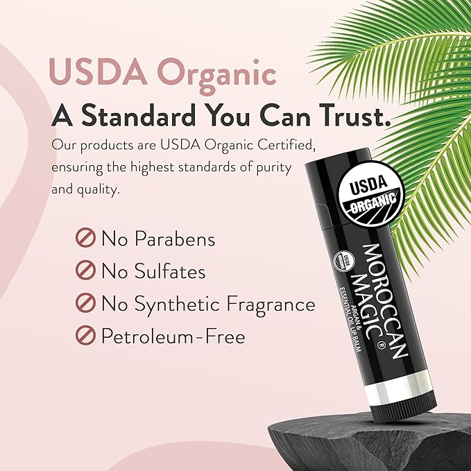 Moroccan Magic Organic Rose Lip Balm 3 Pack | Ultra-Hydrating Argan & Essential Oil Lip Moisturizer + Vitamin E | Natural Chapstick for Dry Lips | Smooth, Non-Toxic | Organic Lip Balm