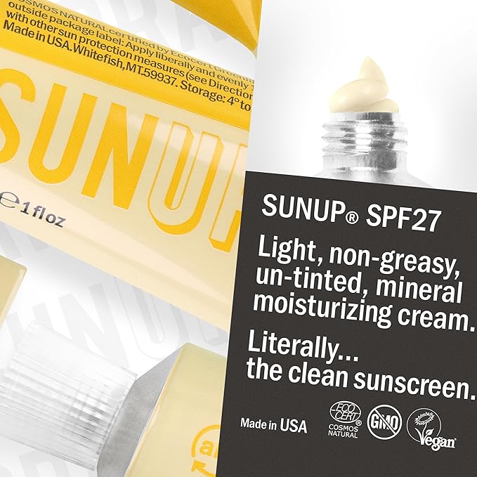 Hurraw! SUNUP Mineral Moisturizing Sunscreen, SPF 27: 100% Natural and 57% Organic. Zinc oxide broad spectrum UVA and UVB protection. Unscented, No chemical SPFs, light, non-greasy. Made in USA.