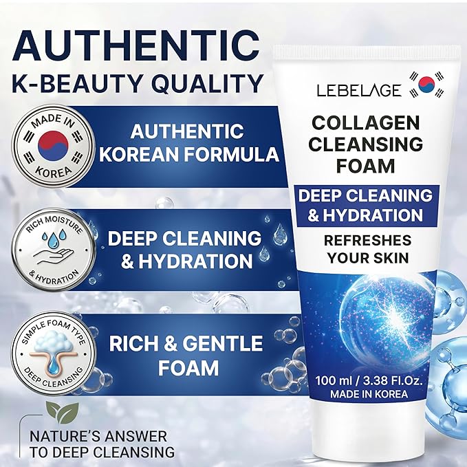 LEBELAGE Korean Collagen Facial Cleanser 3.38 oz | Cleansing Foam Face Wash | Low pH Gentle Hydrating Daily Facial Cleanser Sensitive Skin | Deep Cleansing Foaming Cleanser, Pore Care-All Skin Types