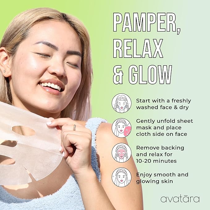 Avatara Chill Out Facial Mask 5 Sheets, Hydrating Mask, Sheet Masks, Face Mask Skincare Beauty Essential Made with Hydrating Hyaluronic Acid & Moisturizing Aloe, for Stressed-Out Skin, 5 Pack