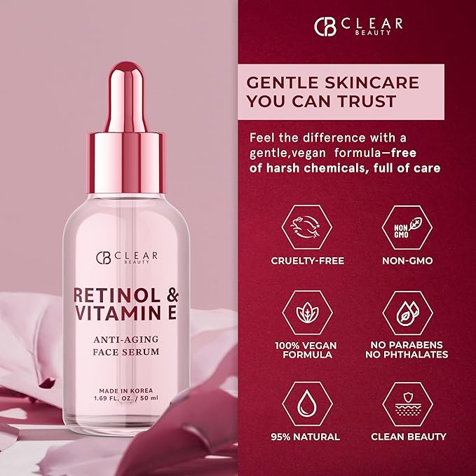 Clear Beauty Retinol Serum For Face with Vitamin E – Dermatologist Tested Anti Aging Korean Skin Care –, Deep Hydration, Smooths Fine Lines, Refines Texture – Vegan, Clean Beauty – 1.69 Fl Oz