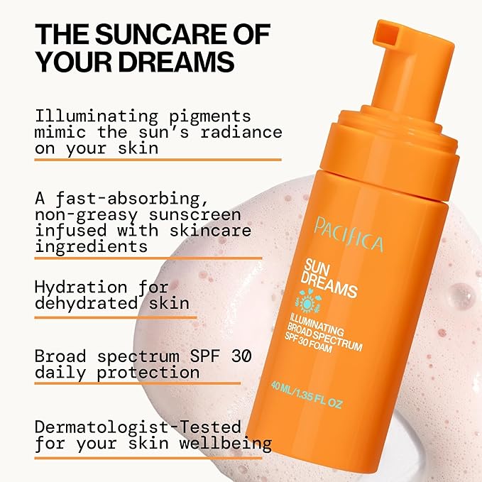 Pacifica Facial Sunscreen - Sun Dreams Illuminating SPF 30 Foam Broad Spectrum Every Day Face Lotion UVA/UVB Protection (Pack of 2)