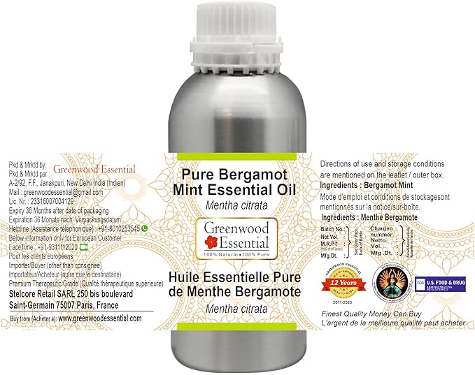 Greenwood Essential Pure Bergamot Mint Essential Oil (Mentha citrata) Steam Distilled 300ml (10.1 oz)