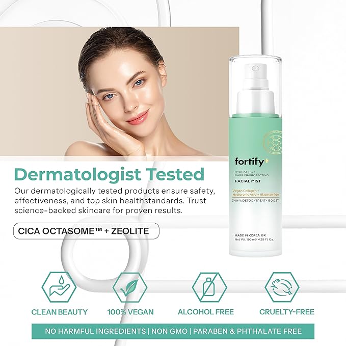Fortify Skincare Collagen, Hyaluronic Acid & Niacinamide Face Mist – 3-in-1: Detox, Treat, Boost – Hydrating, Firming, Soothing Facial Spray – Dermatologist Tested – Vegan, Clean Beauty – 4.39 Fl Oz