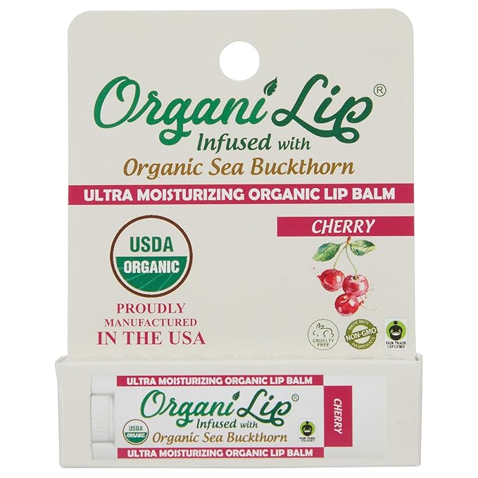 OrganiLip Lip Balm, Cherry Flavor, Ultra Hydrating Lip Moisturizer for Cracked or Dry Lips, Infused With Organic Sea Buckthorn, Oval Shaped Tube, USDA Certified Organic, 1 Pack