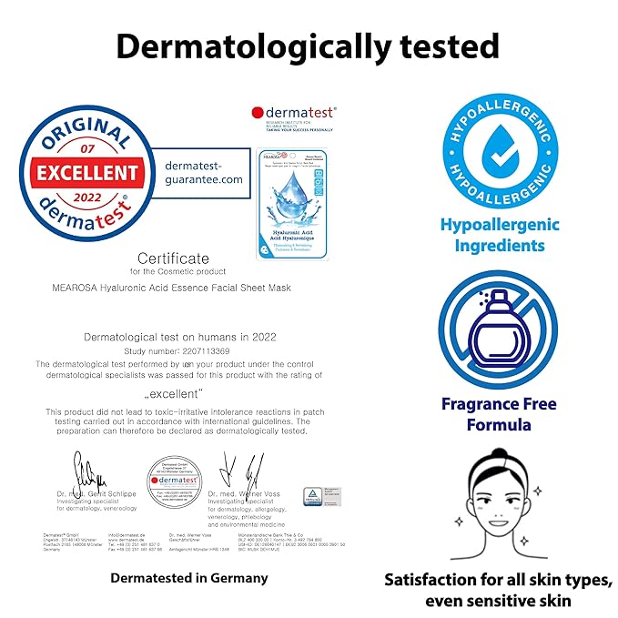 MEAROSA* Dermatologically tested, 8.5% Hyaluronic Acid, Niacinamide, Vitamin E Vegan Formula Essence facial sheet masks Premium Quality Sensitive Skin [6Sheets]