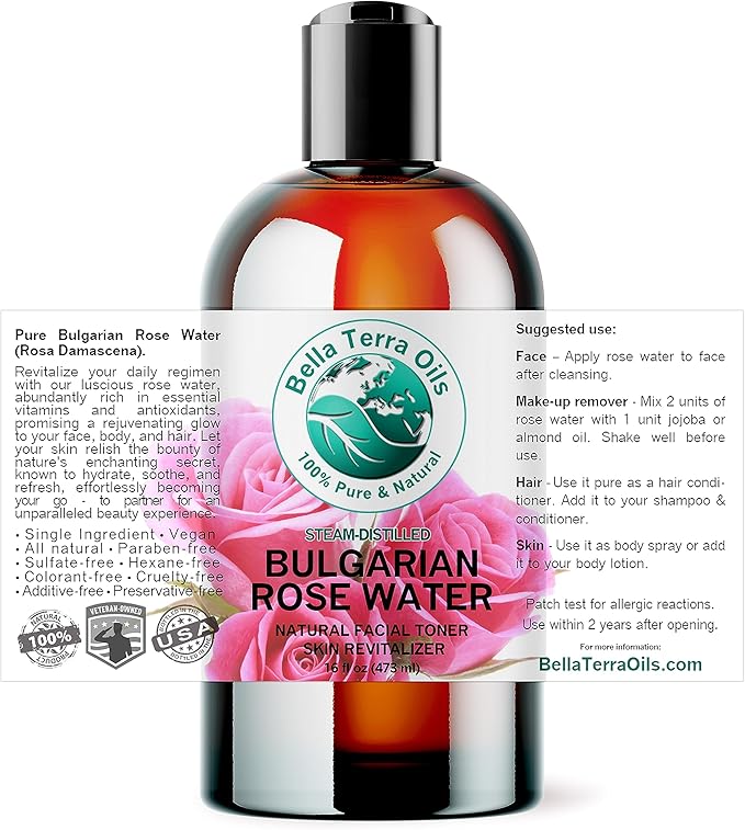 Bella Terra Oils - Rosewater Spray 16 oz - Embrace the Timeless Beauty of Pure Organic Rose Water, Ideal for Skin & Hair, Immerse in Natural Rose Fragrance