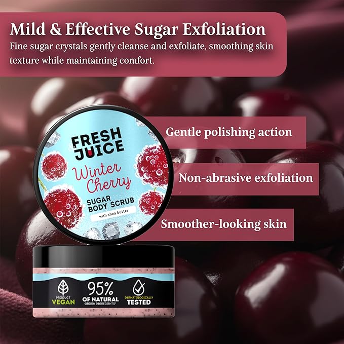 Fresh Juice Winter Cherry Sugar Body Scrub – Gentle Exfoliating Body Scrub with Shea Butter – 95% Natural Ingredients, Vegan – Nourishes, Smooths & Luxurious Care – 6.76 fl oz