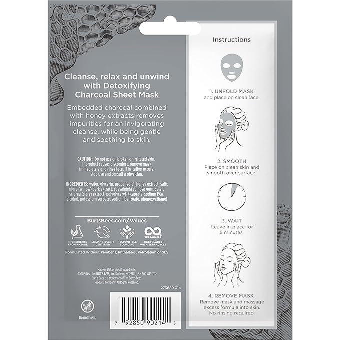 Burt's Bees Detoxifying Charcoal Facial Sheet Mask, Single Use Face Mask, 1 Count, Pack of 4 (Package May Vary)
