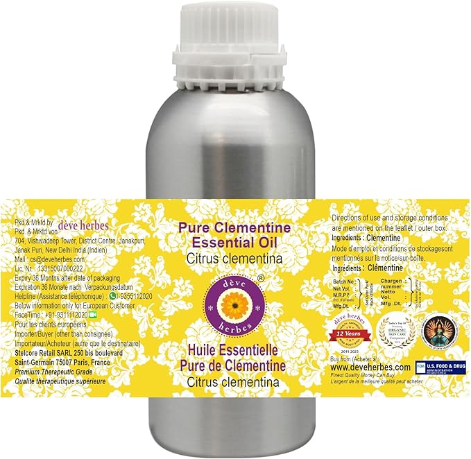 Deve Herbes Pure Clementine Essential Oil (Citrus Clementina) Steam Distilled 300ml (10 oz)