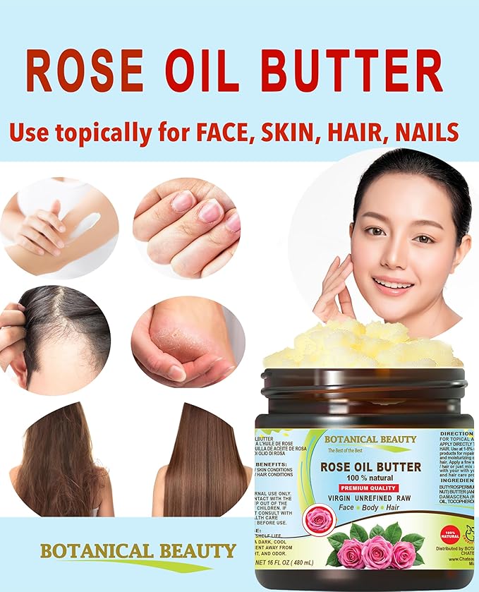 Botanical Beauty ROSE OIL BUTTER 100% Natural Rose Essential Oil in Shea Nut Butter for FACE SKIN BODY HAIR NAILS Beauty Skin Moisturizer Oil Butter Skin Nourishing (8 Fl Oz 240 ml)