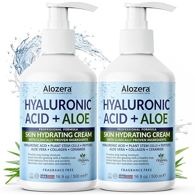 Alozera Hyaluronic Acid Face & Body Lotion with Aloe Vera, Daily Moisturizing Lotion for Dry Skin Hydration & Refresh, Non-Greasy, Lightweight, Fragrance-Free Moisturizer, 16.9 oz (2-Pack)