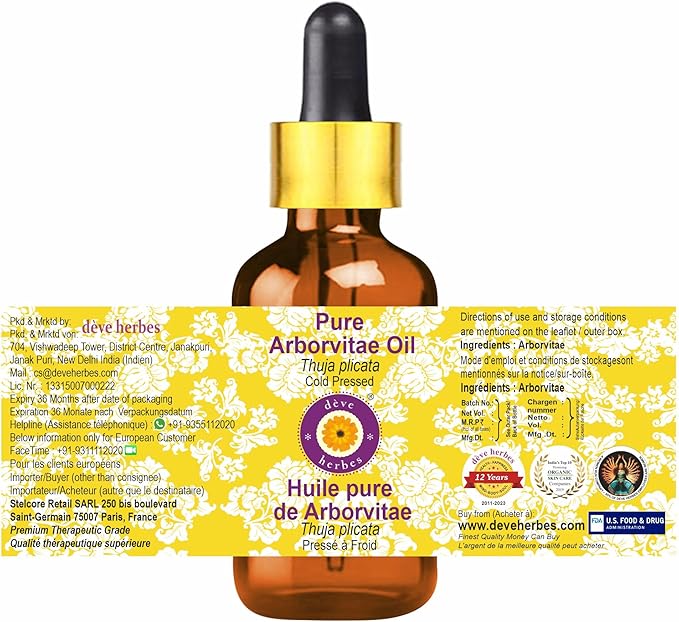 dève herbes Arborvitae Oil (Thuja plicata) with Glass Dropper | Cold Pressed | Pure | Natural | for Diluting Essential Oils | for Skin & Massage | Non-Sticky | Lightweight | Unisex | 5ml (0.16 oz)