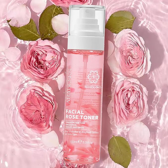 ARABESKS Rose Water Toner Spray for Face with Hyaluronic Acid & Aloe Vera — Hydrating Face Mist, Alcohol-Free, Vegan & Cruelty-Free, Vitamin C, Sensitive Skin, 3.4 oz