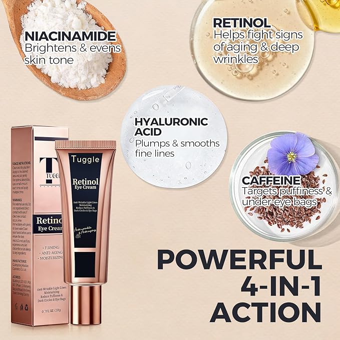 Retinol Under Eye Cream – Anti-Aging Cream for Dark Circles, Puffiness & Wrinkles with Caffeine & Peptide Firming & Hydrating Formula to Reduce Fine Lines 0.7 Fl.Oz