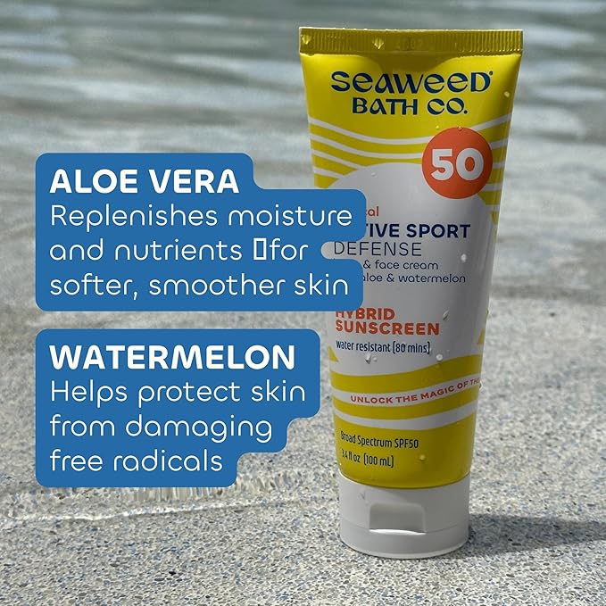 Seaweed Bath Co. Active Sport Defense Cream SPF 50 - Broad Spectrum Hybrid Sunscreen with Zinc Oxide, Aloe & Watermelon - Water Resistant Face and Body Daily Sunblock, 3.4 Ounce (Pack of 2)